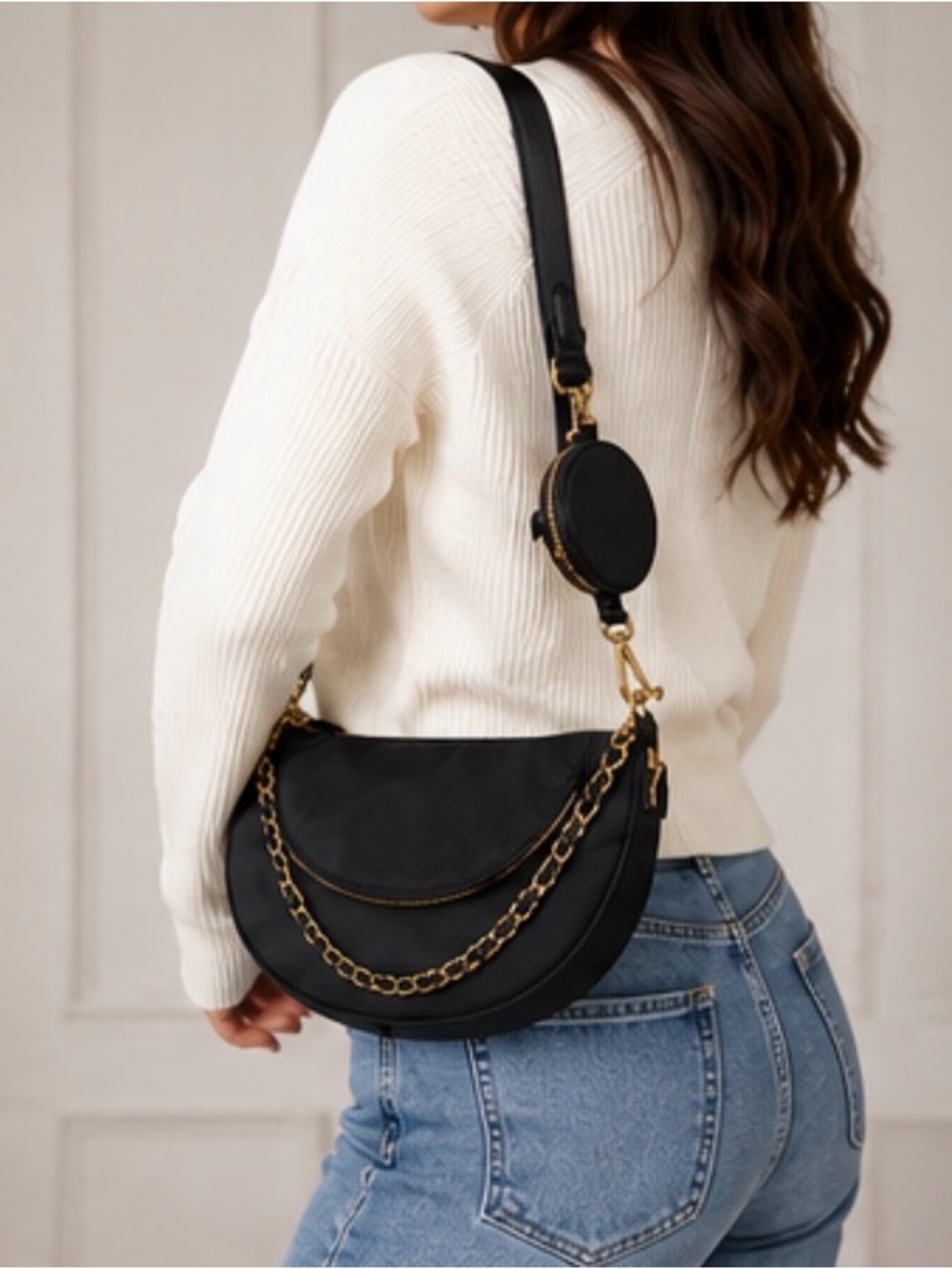 BCBGeneration Black‎ Nylon Crescent Crossbody Bag with Chain and Coin Pouch